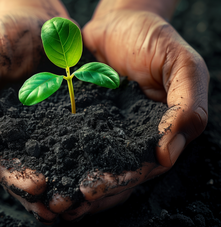 En hånd med en plante i som symboliserer det bærekraftig ved IT-modellen til Technet